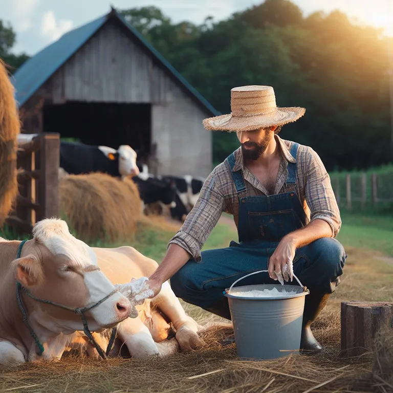 granjero limpiando a vaca