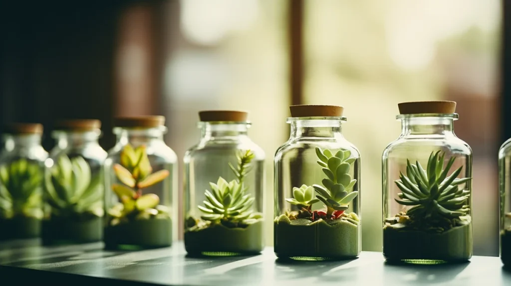 suculentas en botellas de vidrio