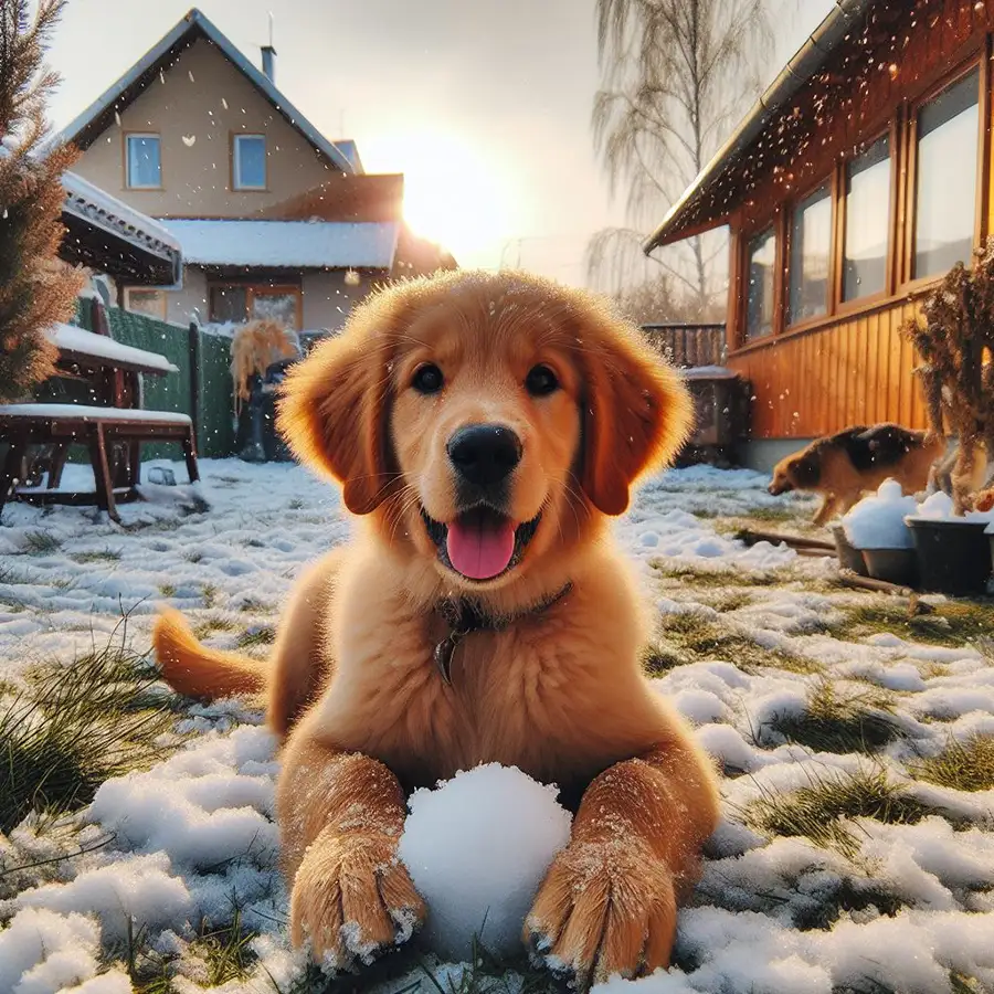 perro jugando en jardín en invierno