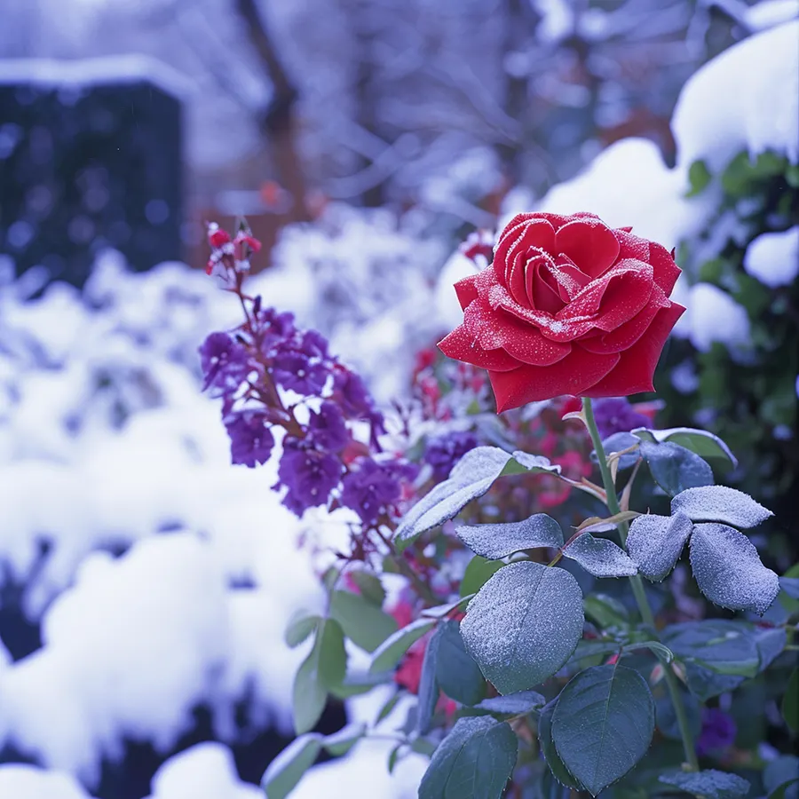 rosal y geranio en jardín invierno